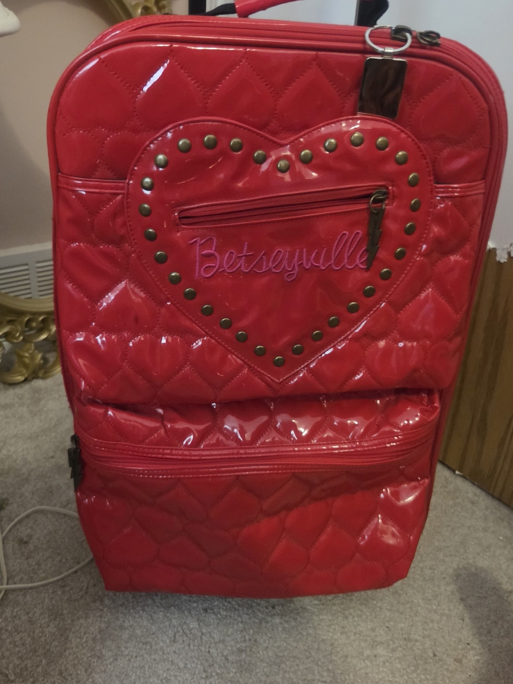 Betsey Johnson Red Quilted Patent Heart Travel Bag